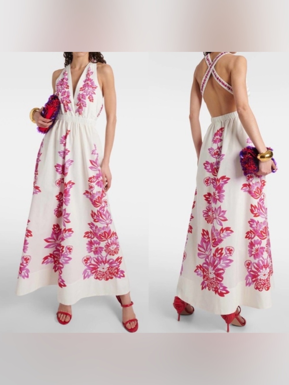 Farm Rio Women’s Flowerful Birds Off Plunge Open-Back Pink Maxi Dress Small